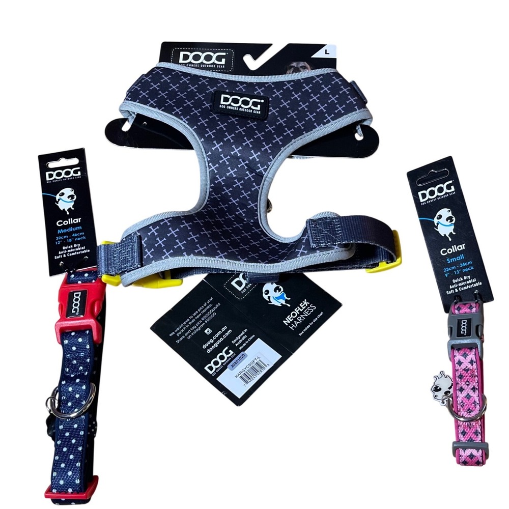 DOOG Dog Harness and Collar Bundle Neoflex Grey Cross Polka Dot Pink Set NWT